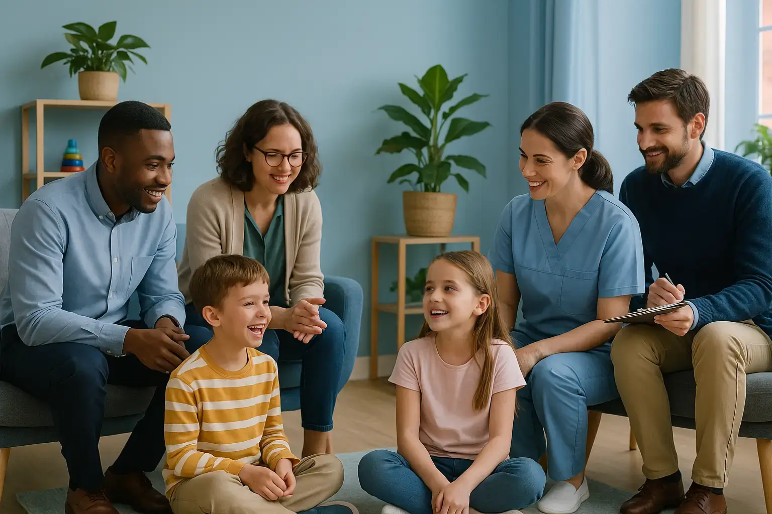 Psicóloga sorrindo durante sessão de terapia com criança em ambiente clínico acolhedor.